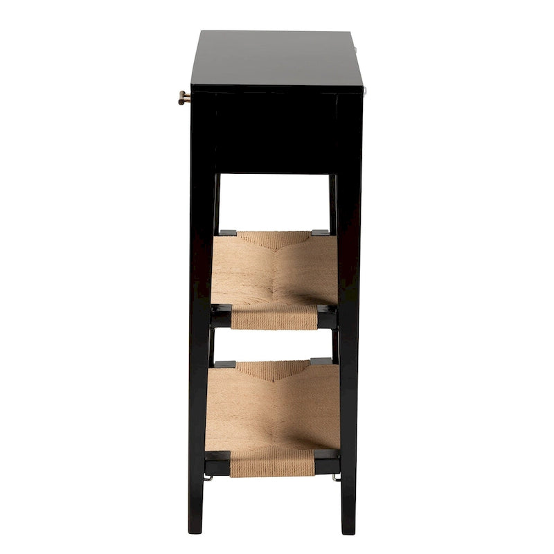 Console bohème moderne avec tiroir et étagères en corde tressée – Noir et naturel