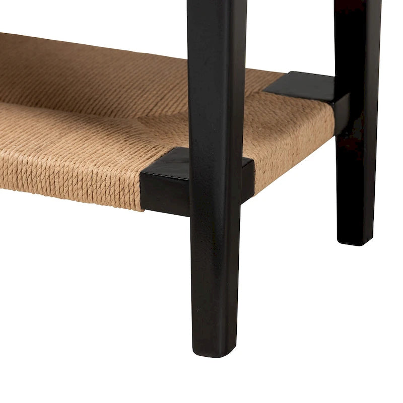 Console bohème moderne avec tiroir et étagères en corde tressée – Noir et naturel
