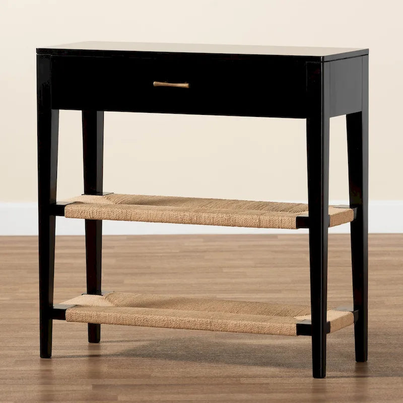 Console bohème moderne avec tiroir et étagères en corde tressée – Noir et naturel