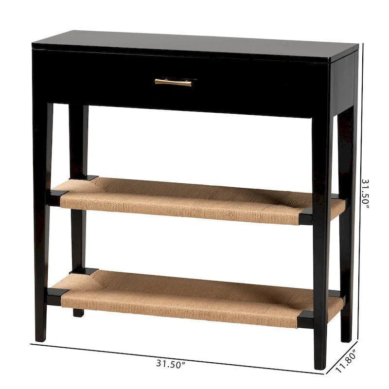 Console bohème moderne avec tiroir et étagères en corde tressée – Noir et naturel