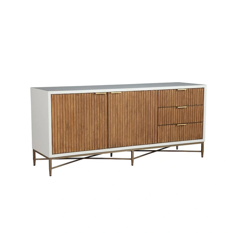 Meuble TV 162 cm avec façades de tiroirs en bois texturé et pieds dorés – Blanc