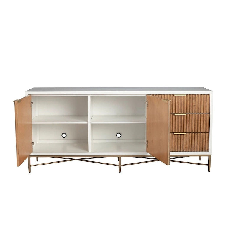 Meuble TV 162 cm avec façades de tiroirs en bois texturé et pieds dorés – Blanc