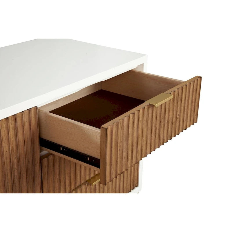 Meuble TV 162 cm avec façades de tiroirs en bois texturé et pieds dorés – Blanc