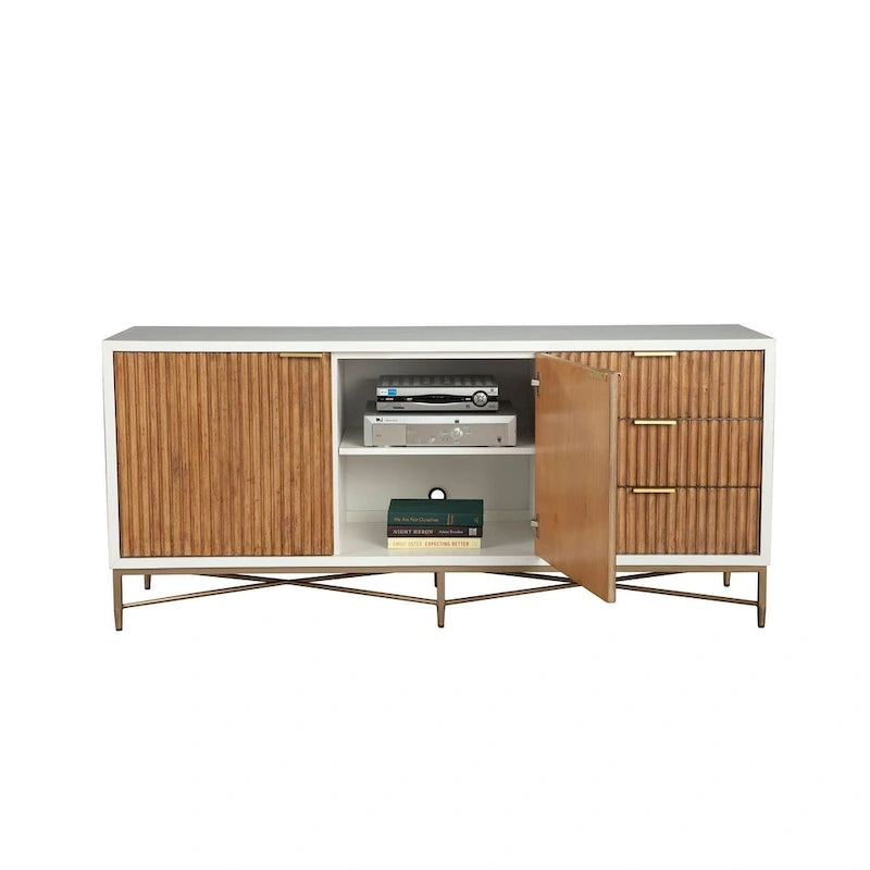 Meuble TV 162 cm avec façades de tiroirs en bois texturé et pieds dorés – Blanc