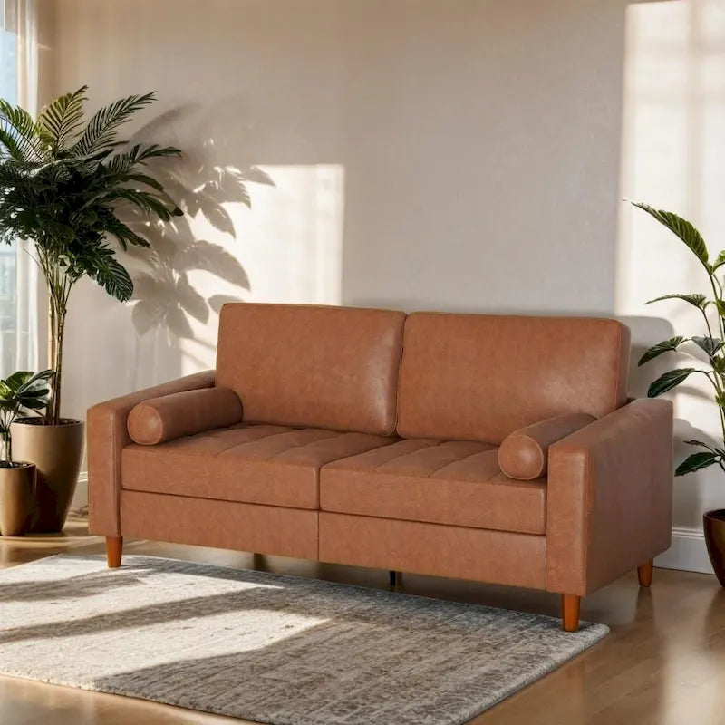 Canapé Mid-Century Modern en Faux Cuir avec Coussins Piquetés Main, Traversins & Pieds Coniques en Bois