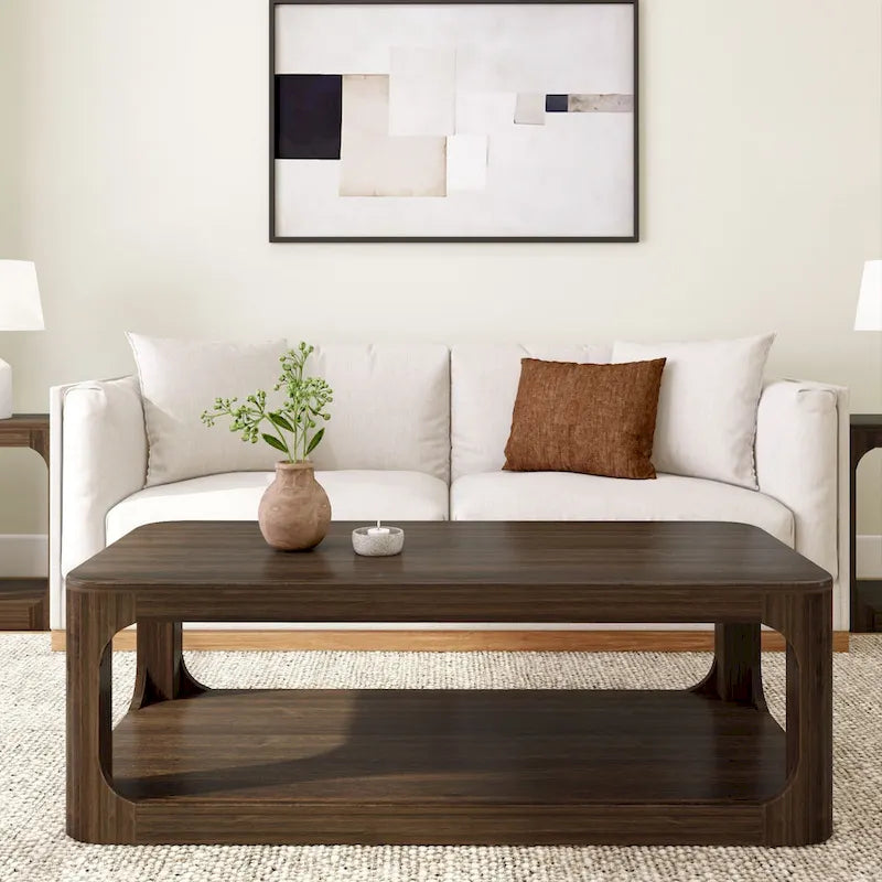 Table basse rectangulaire en bois de pin massif avec étagère de rangement inférieure