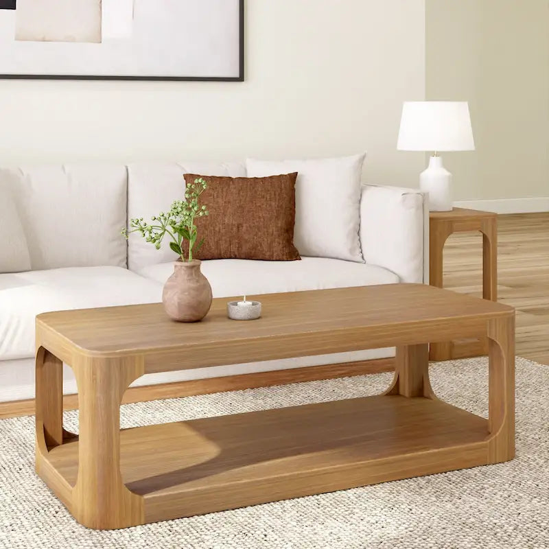 Table basse rectangulaire en bois de pin massif avec étagère de rangement inférieure