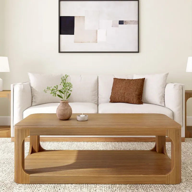 Table basse rectangulaire en bois de pin massif avec étagère de rangement inférieure