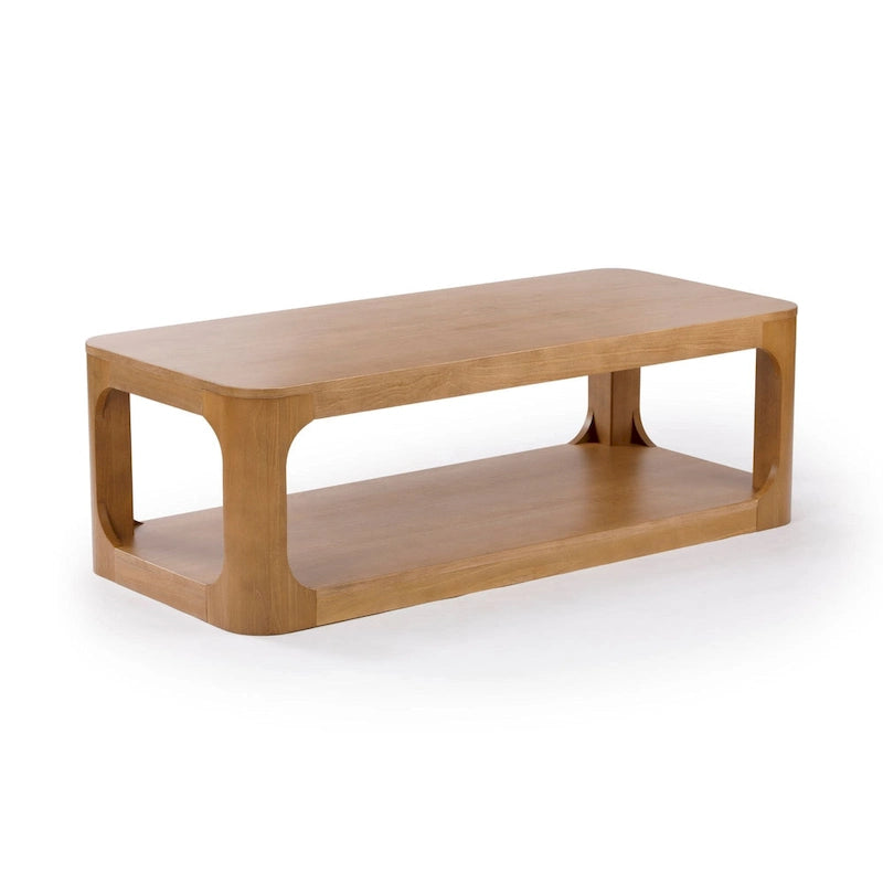 Table basse rectangulaire en bois de pin massif avec étagère de rangement inférieure