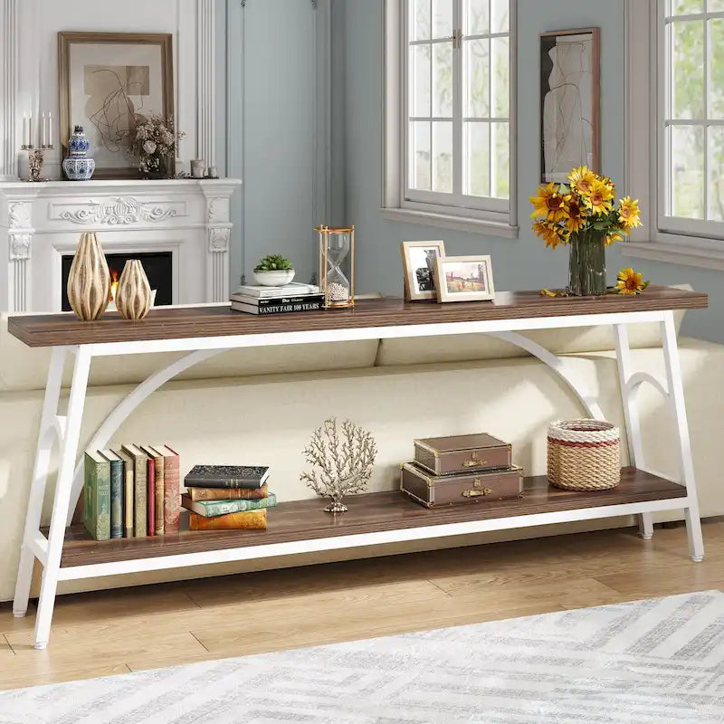 Console double plateau extra longue avec cadre en acier pour entrée, salon et couloir
