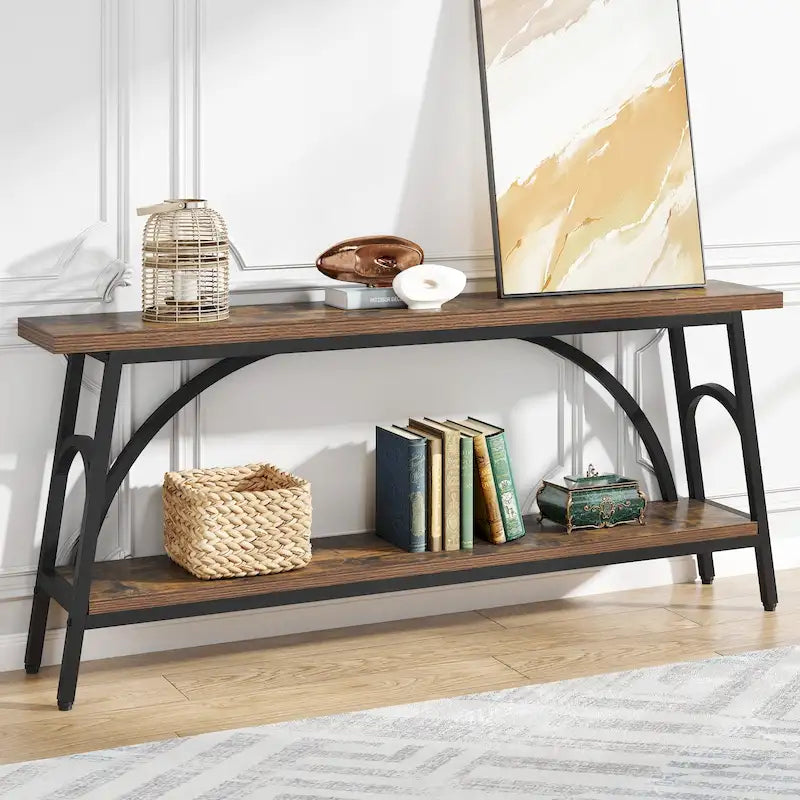 Console double plateau extra longue avec cadre en acier pour entrée, salon et couloir