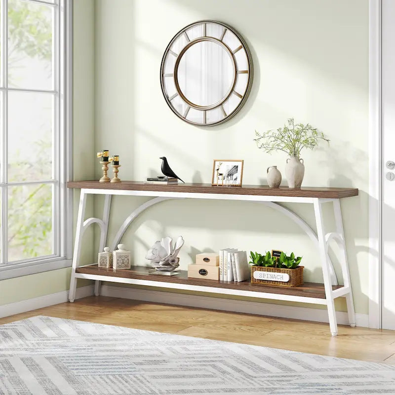 Console double plateau extra longue avec cadre en acier pour entrée, salon et couloir