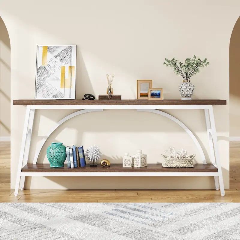 Console double plateau extra longue avec cadre en acier pour entrée, salon et couloir