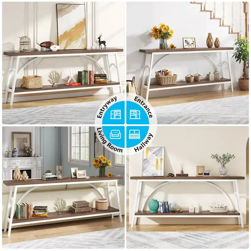 Console double plateau extra longue avec cadre en acier pour entrée, salon et couloir