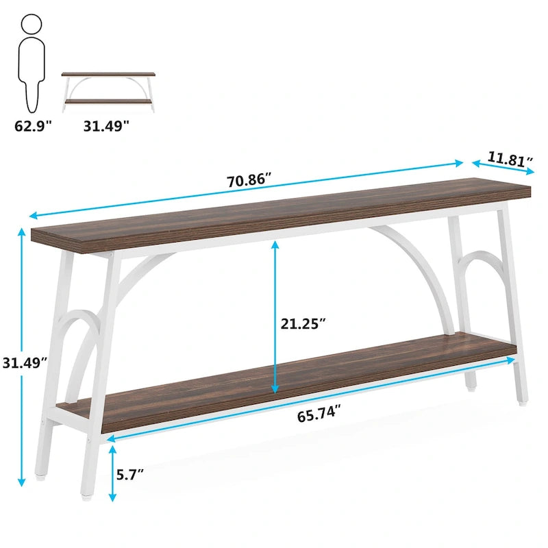 Console double plateau extra longue avec cadre en acier pour entrée, salon et couloir