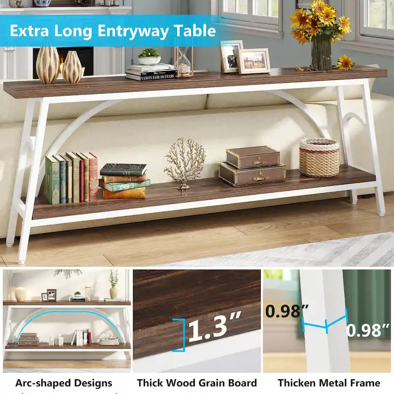 Console double plateau extra longue avec cadre en acier pour entrée, salon et couloir