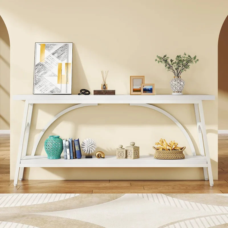 Console double plateau extra longue avec cadre en acier pour entrée, salon et couloir