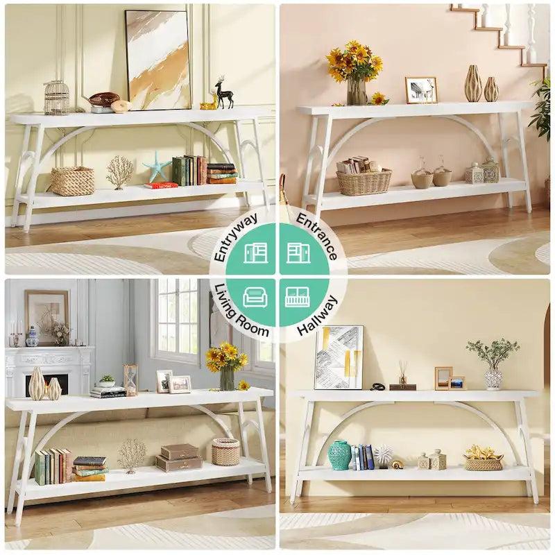 Console double plateau extra longue avec cadre en acier pour entrée, salon et couloir