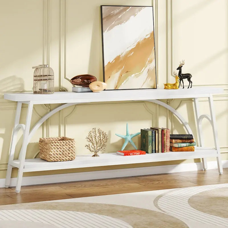 Console double plateau extra longue avec cadre en acier pour entrée, salon et couloir