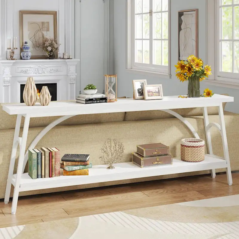 Console double plateau extra longue avec cadre en acier pour entrée, salon et couloir