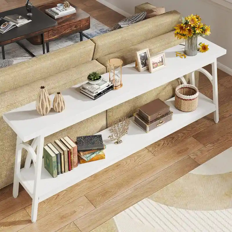 Console double plateau extra longue avec cadre en acier pour entrée, salon et couloir