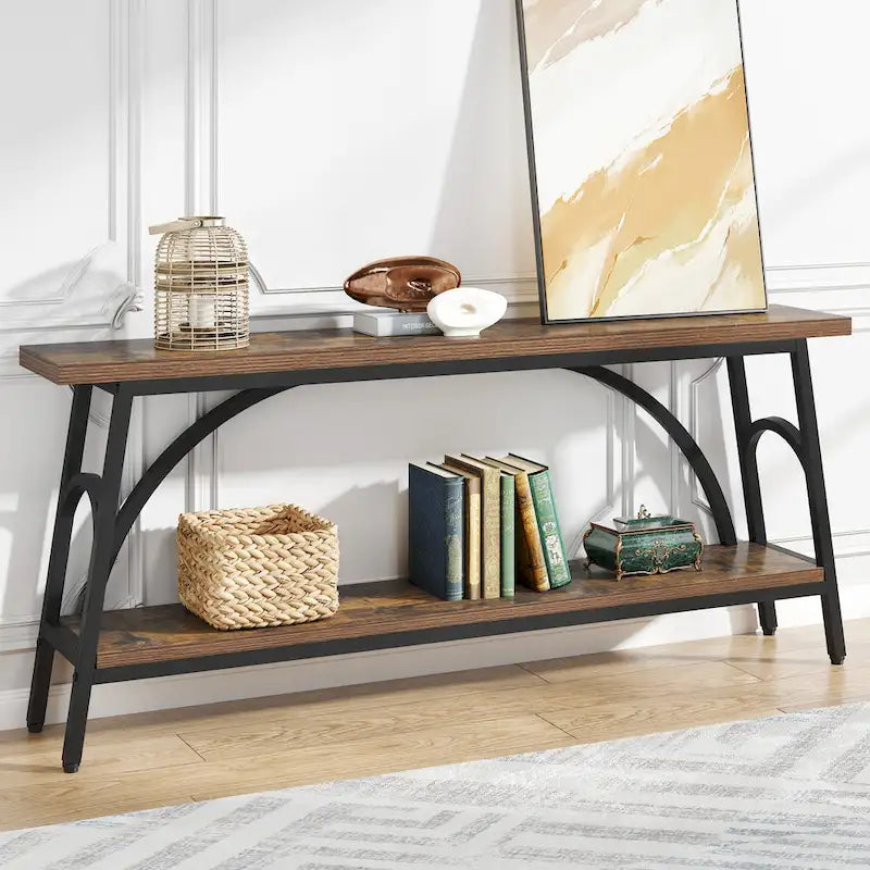 Console double plateau extra longue avec cadre en acier pour entrée, salon et couloir