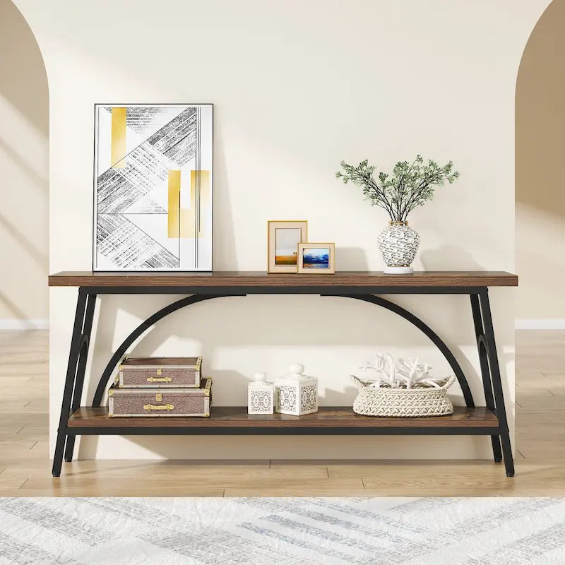 Console double plateau extra longue avec cadre en acier pour entrée, salon et couloir