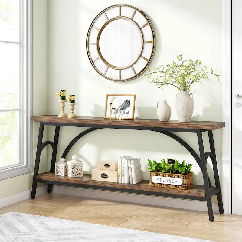Console double plateau extra longue avec cadre en acier pour entrée, salon et couloir