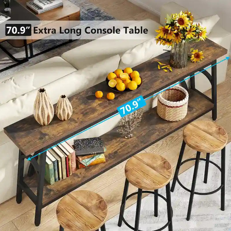 Console double plateau extra longue avec cadre en acier pour entrée, salon et couloir