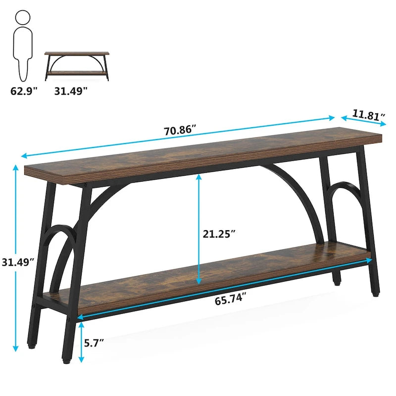 Console double plateau extra longue avec cadre en acier pour entrée, salon et couloir