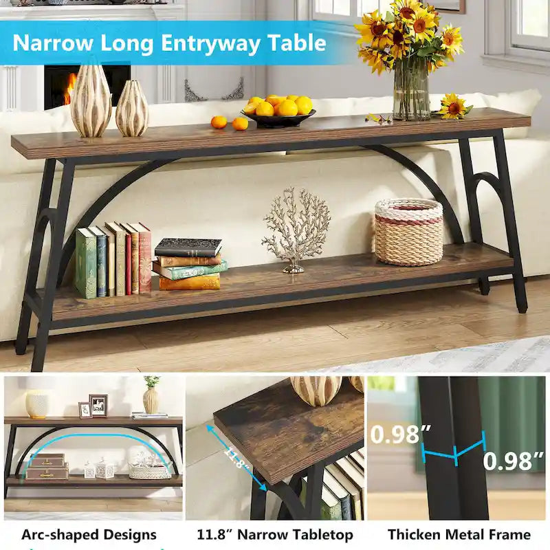 Console double plateau extra longue avec cadre en acier pour entrée, salon et couloir