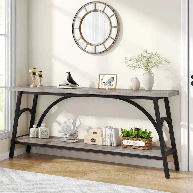 Console double plateau extra longue avec cadre en acier pour entrée, salon et couloir
