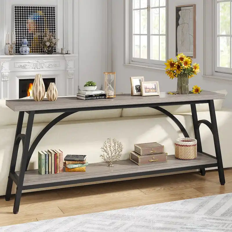Console double plateau extra longue avec cadre en acier pour entrée, salon et couloir