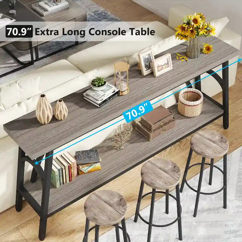 Console double plateau extra longue avec cadre en acier pour entrée, salon et couloir