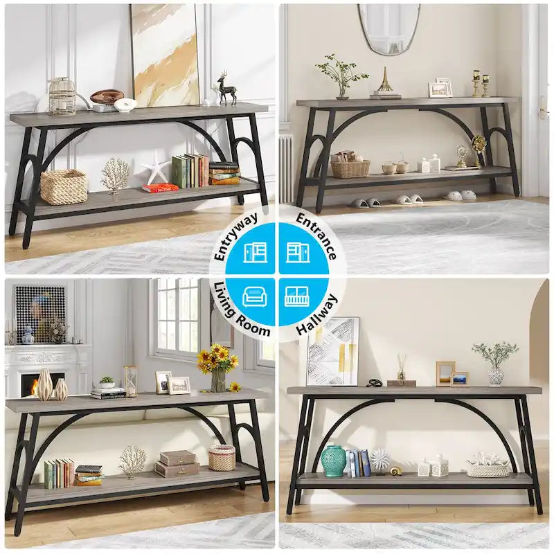 Console double plateau extra longue avec cadre en acier pour entrée, salon et couloir