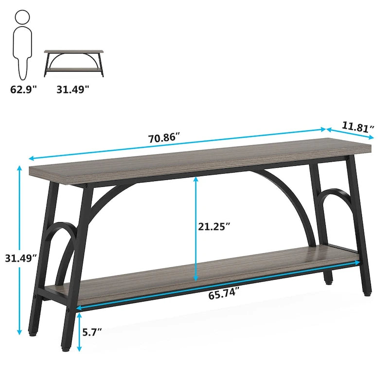 Console double plateau extra longue avec cadre en acier pour entrée, salon et couloir