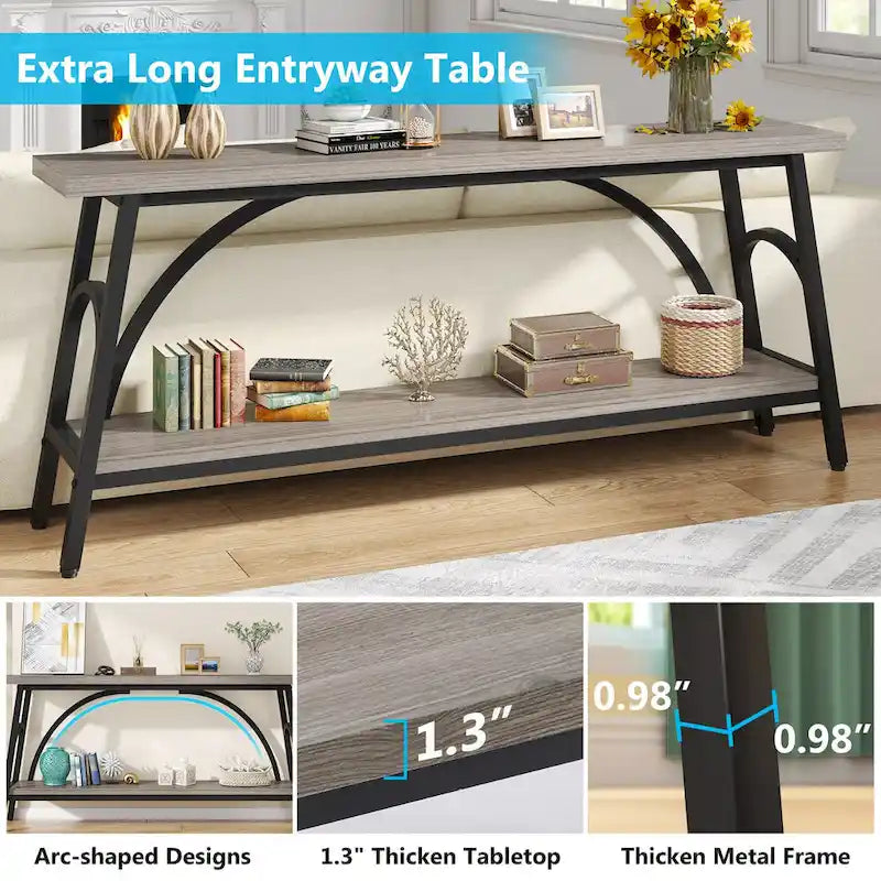 Console double plateau extra longue avec cadre en acier pour entrée, salon et couloir