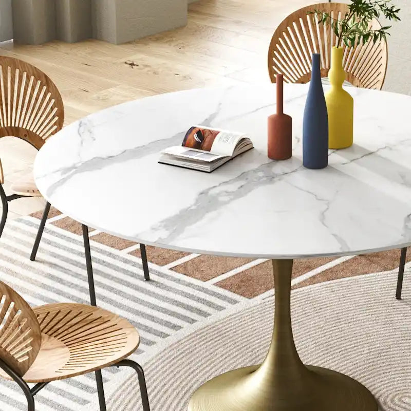 Table à manger ronde en pierre frittée avec piédestal en fer