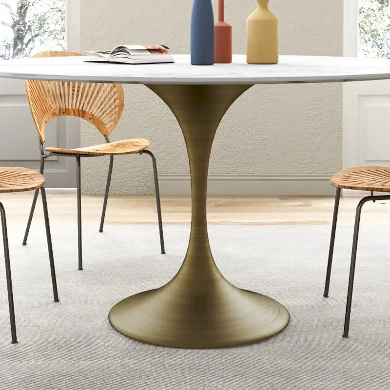 Table à manger ronde en pierre frittée avec piédestal en fer