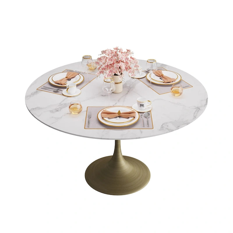 Table à manger ronde en pierre frittée avec piédestal en fer