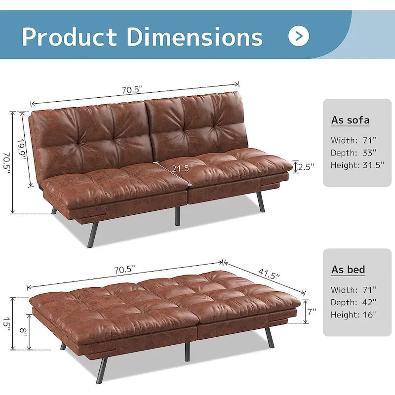 Canapé-lit futon convertible avec mousse à mémoire de forme, accoudoirs réglables et revêtement en cuir PU