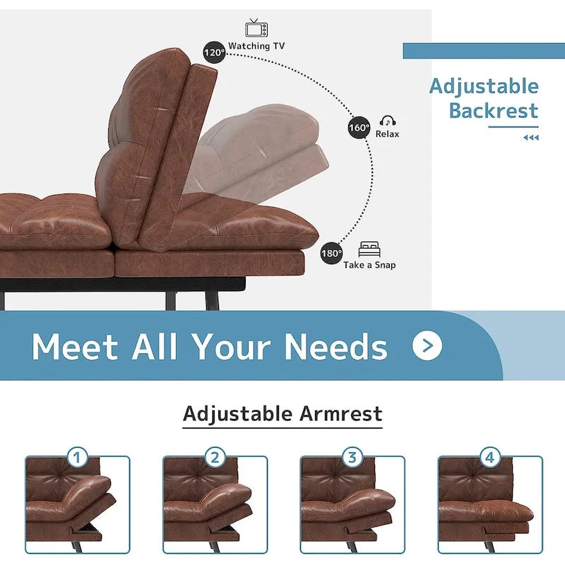 Canapé-lit futon convertible avec mousse à mémoire de forme, accoudoirs réglables et revêtement en cuir PU