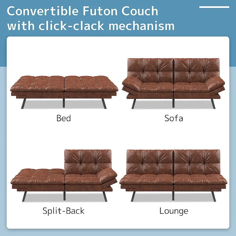 Canapé-lit futon convertible avec mousse à mémoire de forme, accoudoirs réglables et revêtement en cuir PU