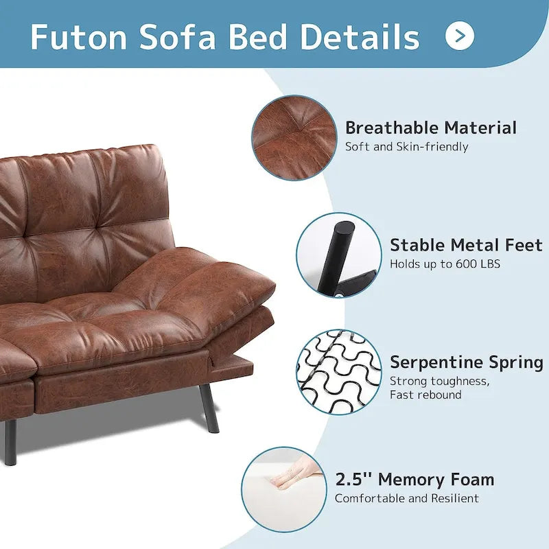 Canapé-lit futon convertible avec mousse à mémoire de forme, accoudoirs réglables et revêtement en cuir PU