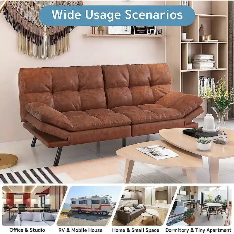Canapé-lit futon convertible avec mousse à mémoire de forme, accoudoirs réglables et revêtement en cuir PU