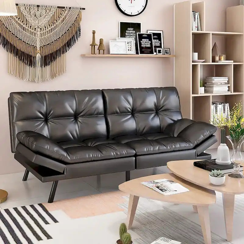 Canapé-lit futon convertible avec mousse à mémoire de forme, accoudoirs réglables et revêtement en cuir PU