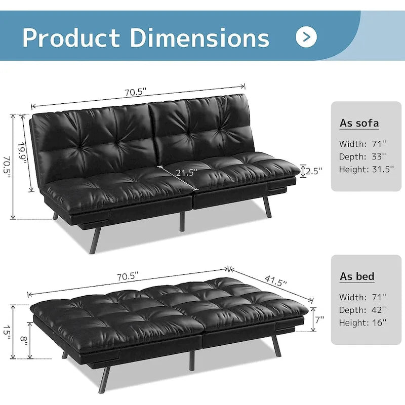 Canapé-lit futon convertible avec mousse à mémoire de forme, accoudoirs réglables et revêtement en cuir PU