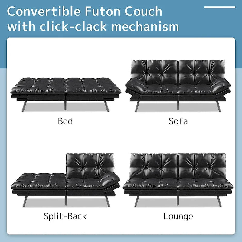 Canapé-lit futon convertible avec mousse à mémoire de forme, accoudoirs réglables et revêtement en cuir PU