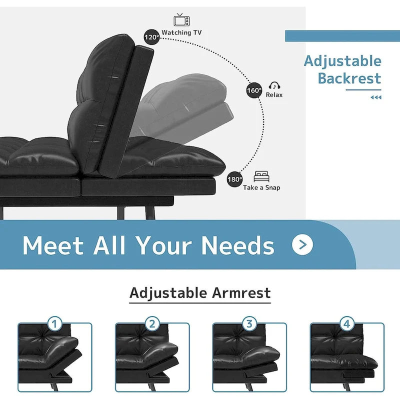 Canapé-lit futon convertible avec mousse à mémoire de forme, accoudoirs réglables et revêtement en cuir PU