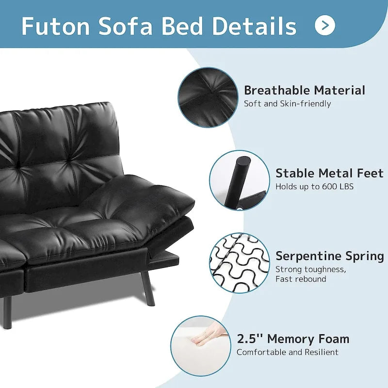 Canapé-lit futon convertible avec mousse à mémoire de forme, accoudoirs réglables et revêtement en cuir PU